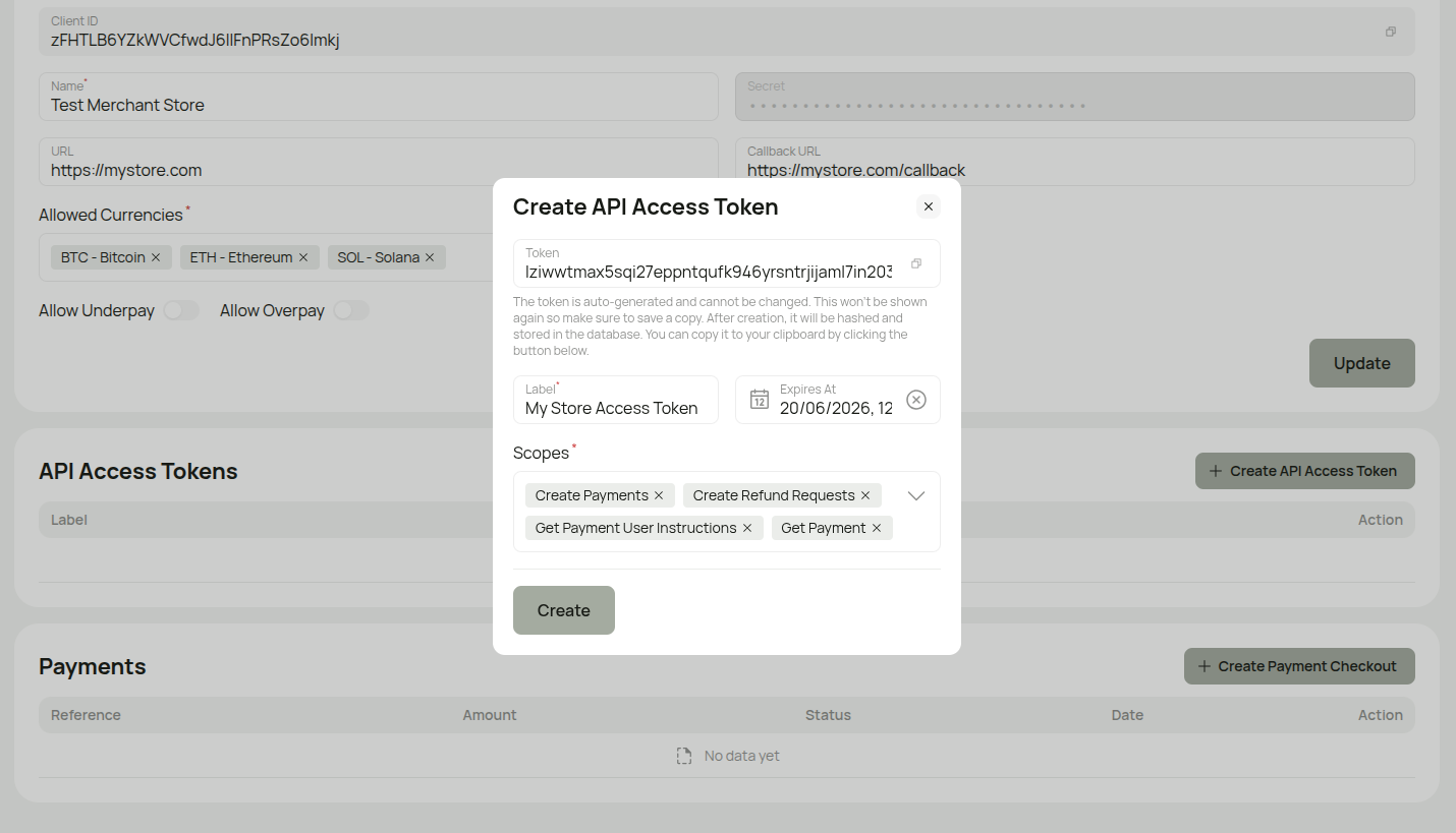 Create API Access Token dialog