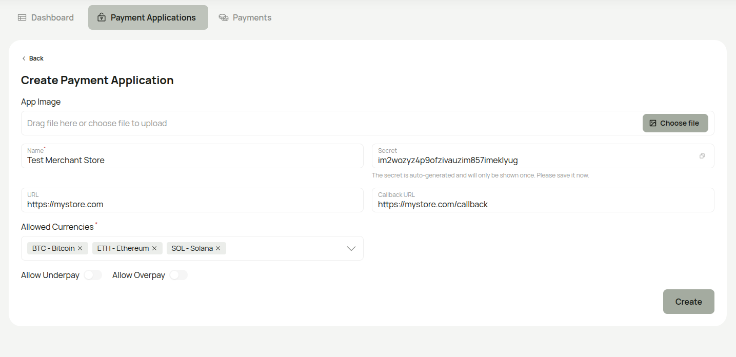 Create Payment Application form